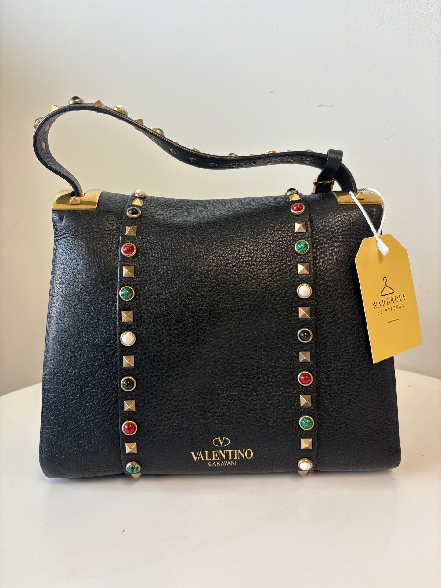 Valentino Rockstud Black Pebble Leather Handbag Multicoloured Stones