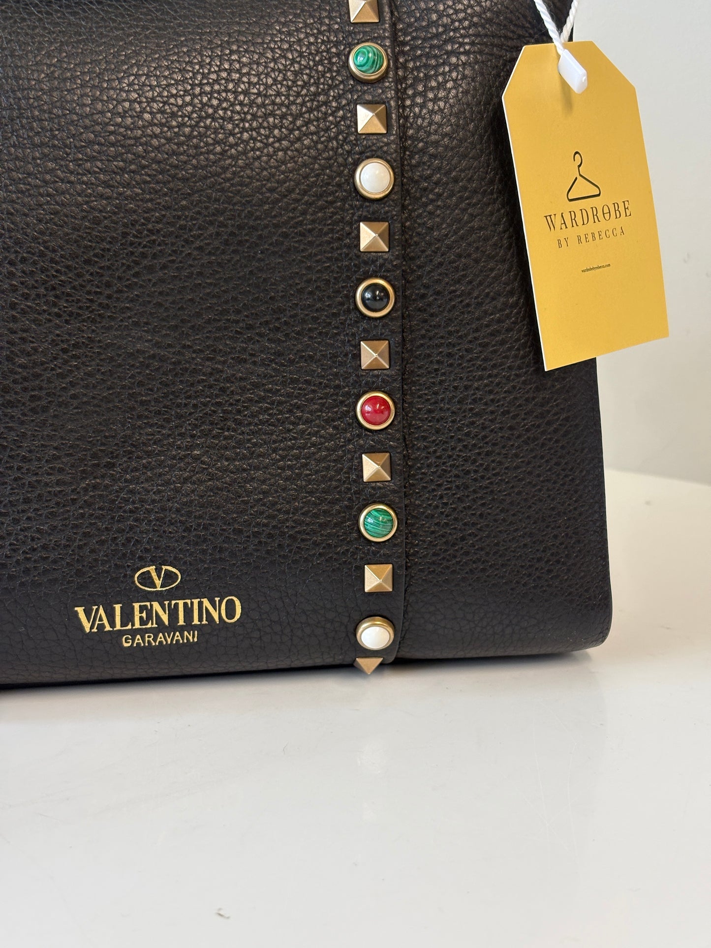 Valentino Rockstud Black Pebble Leather Handbag Multicoloured Stones