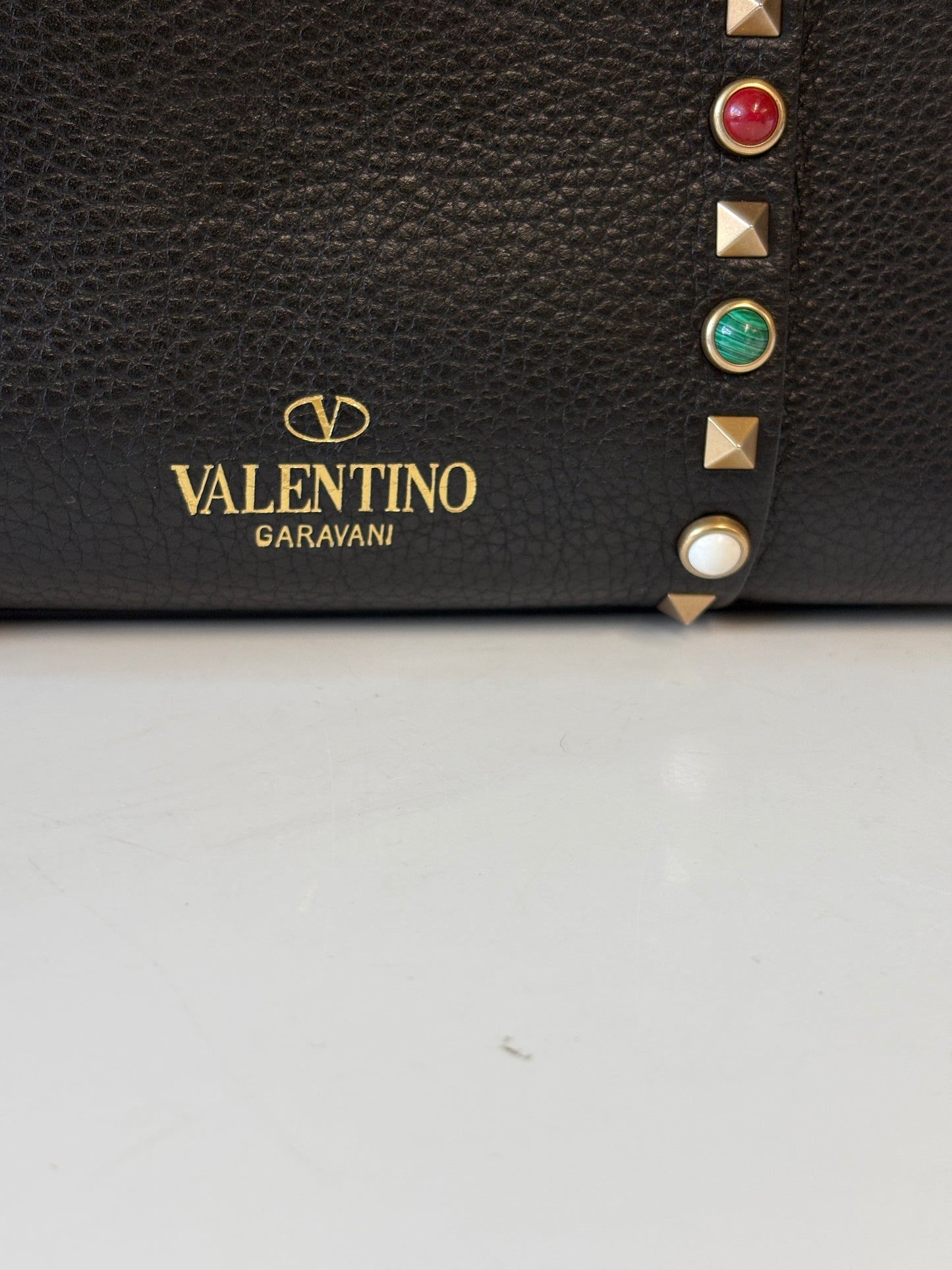 Valentino Rockstud Black Pebble Leather Handbag Multicoloured Stones