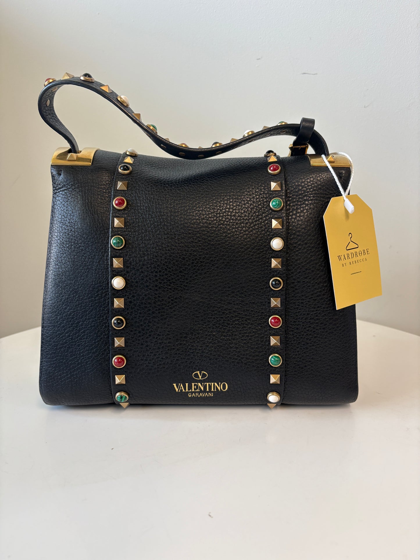 Valentino Rockstud Black Pebble Leather Handbag Multicoloured Stones