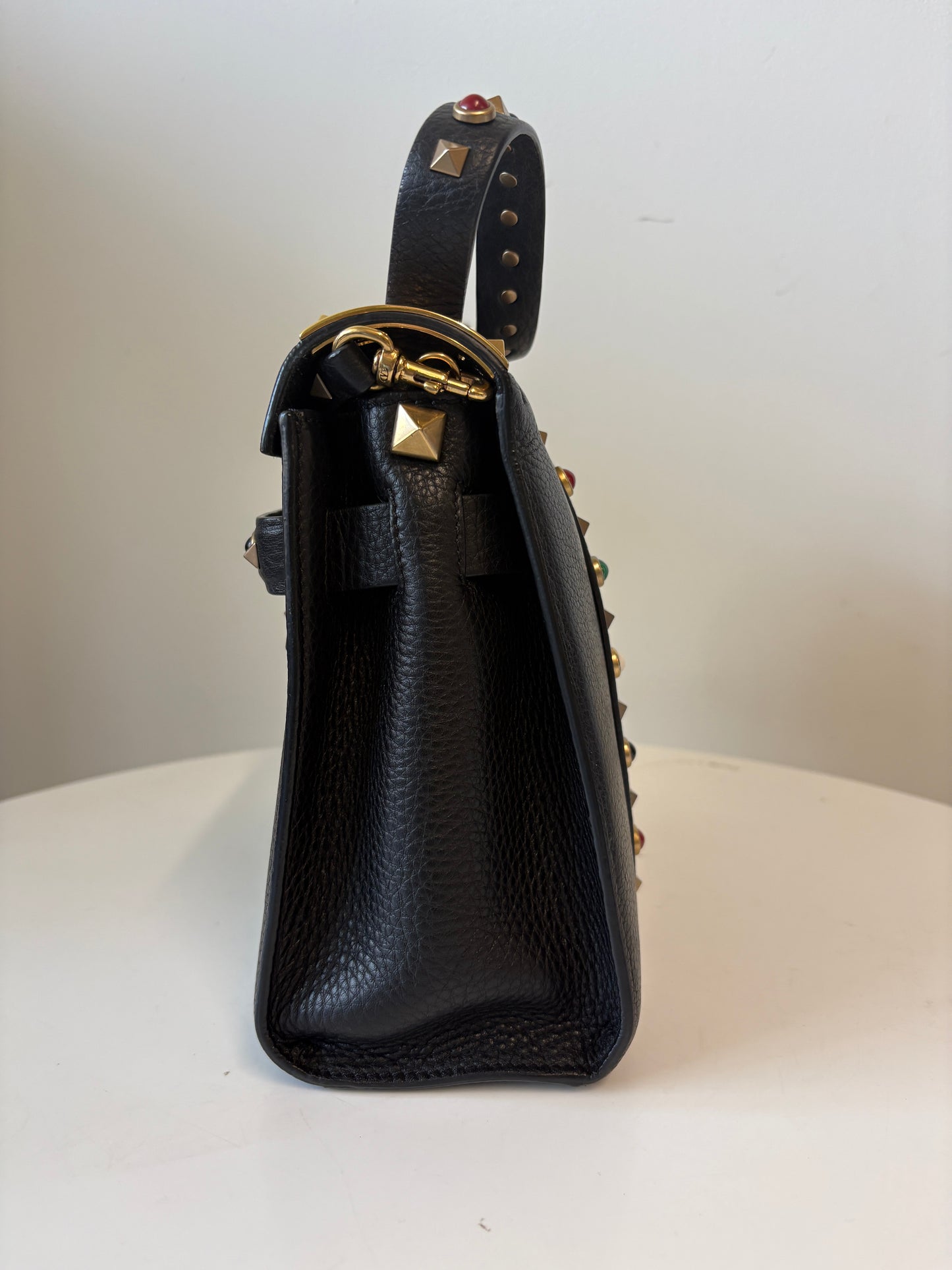 Valentino Rockstud Black Pebble Leather Handbag Multicoloured Stones