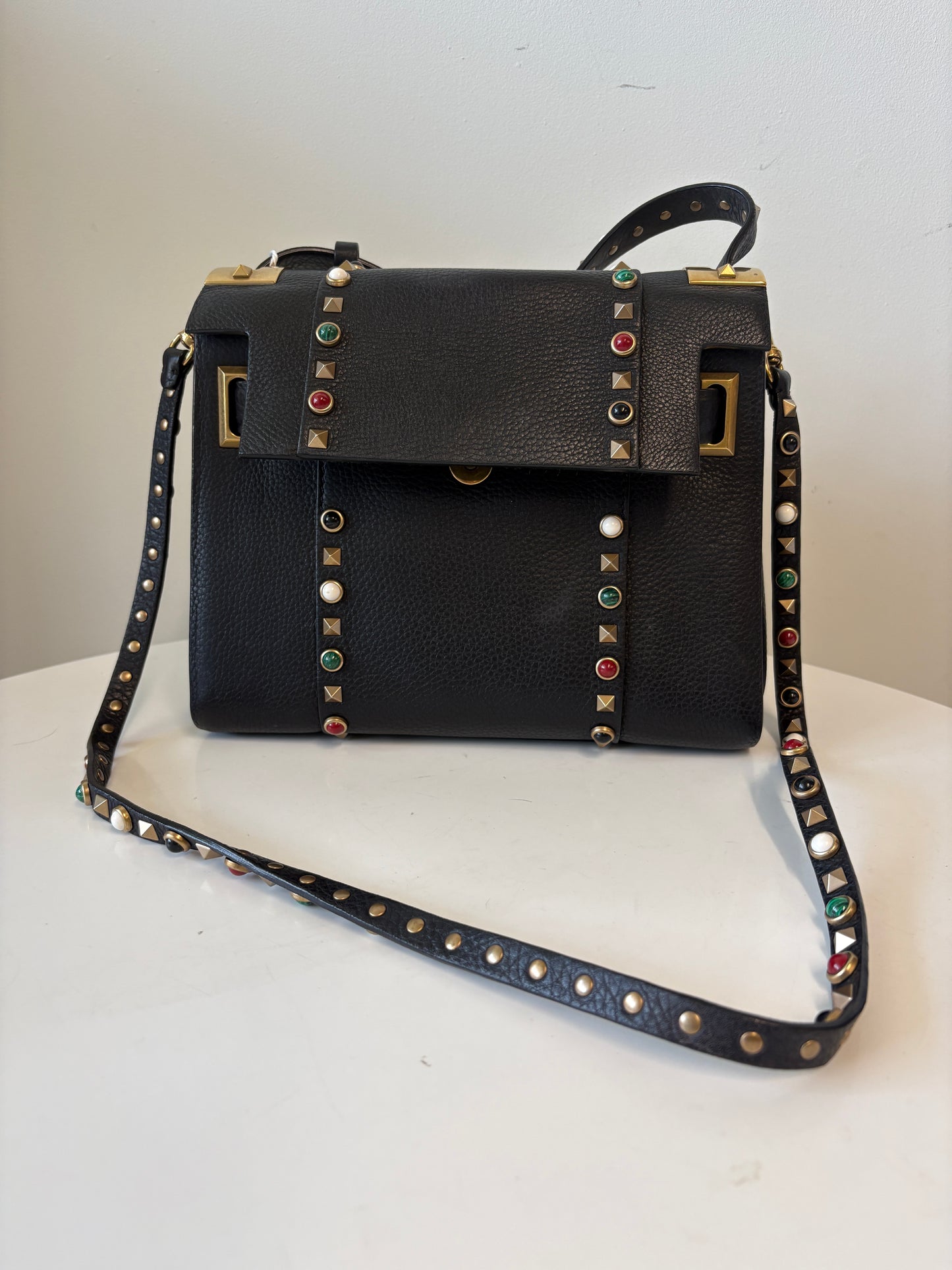 Valentino Rockstud Black Pebble Leather Handbag Multicoloured Stones