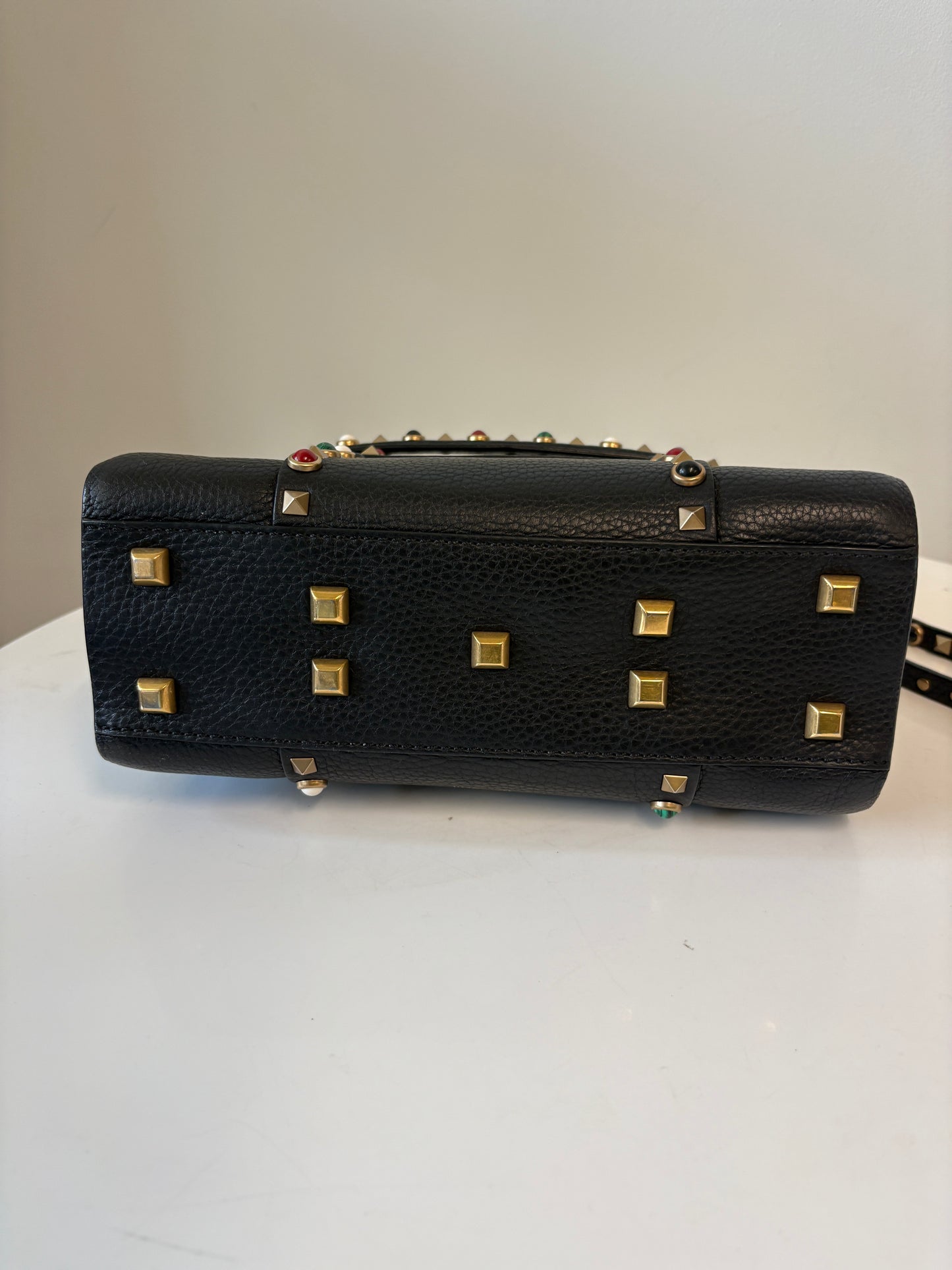 Valentino Rockstud Black Pebble Leather Handbag Multicoloured Stones