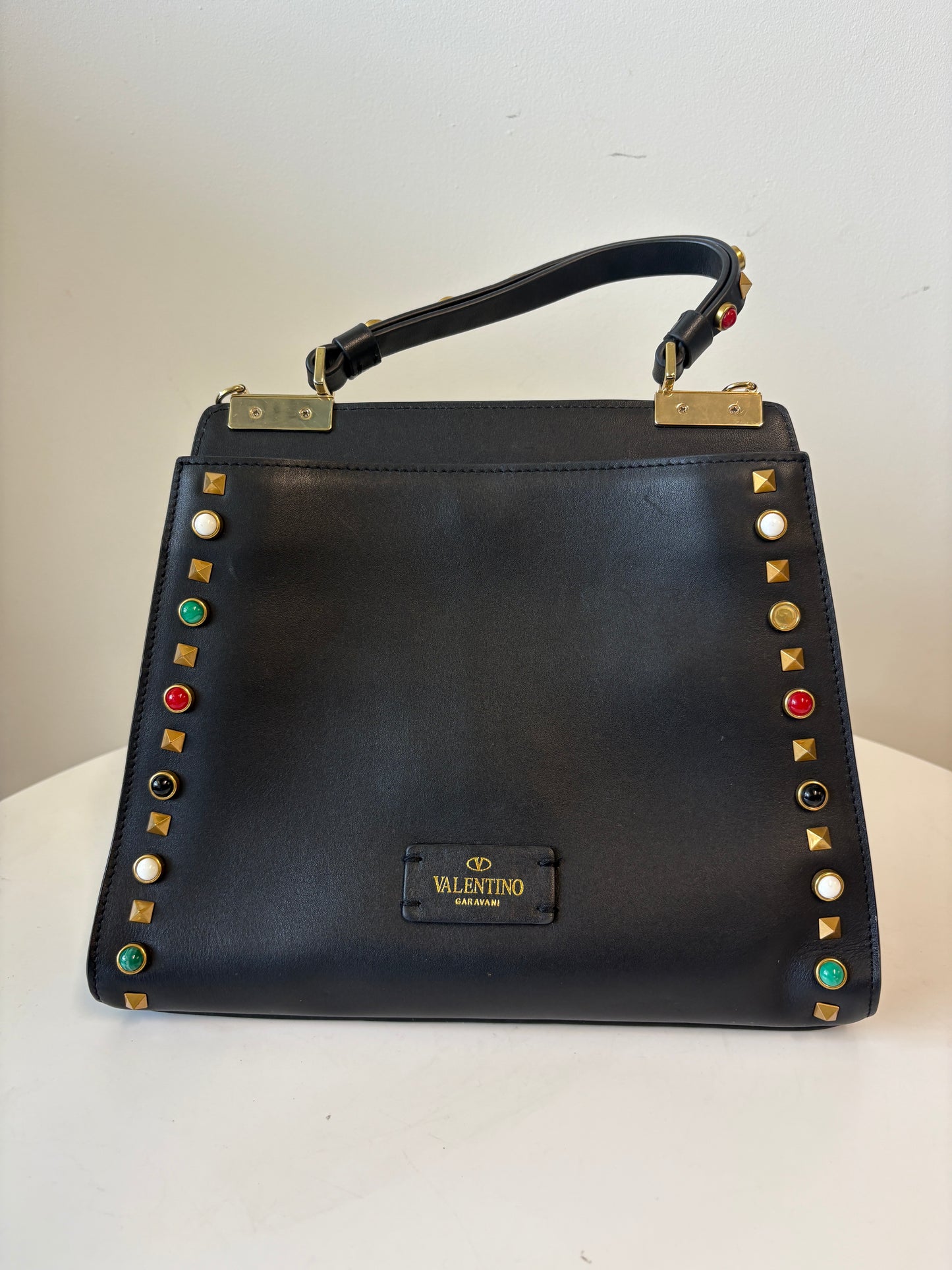 Valentino Rockstud Black Smooth Leather Handbag Multicoloured Stones