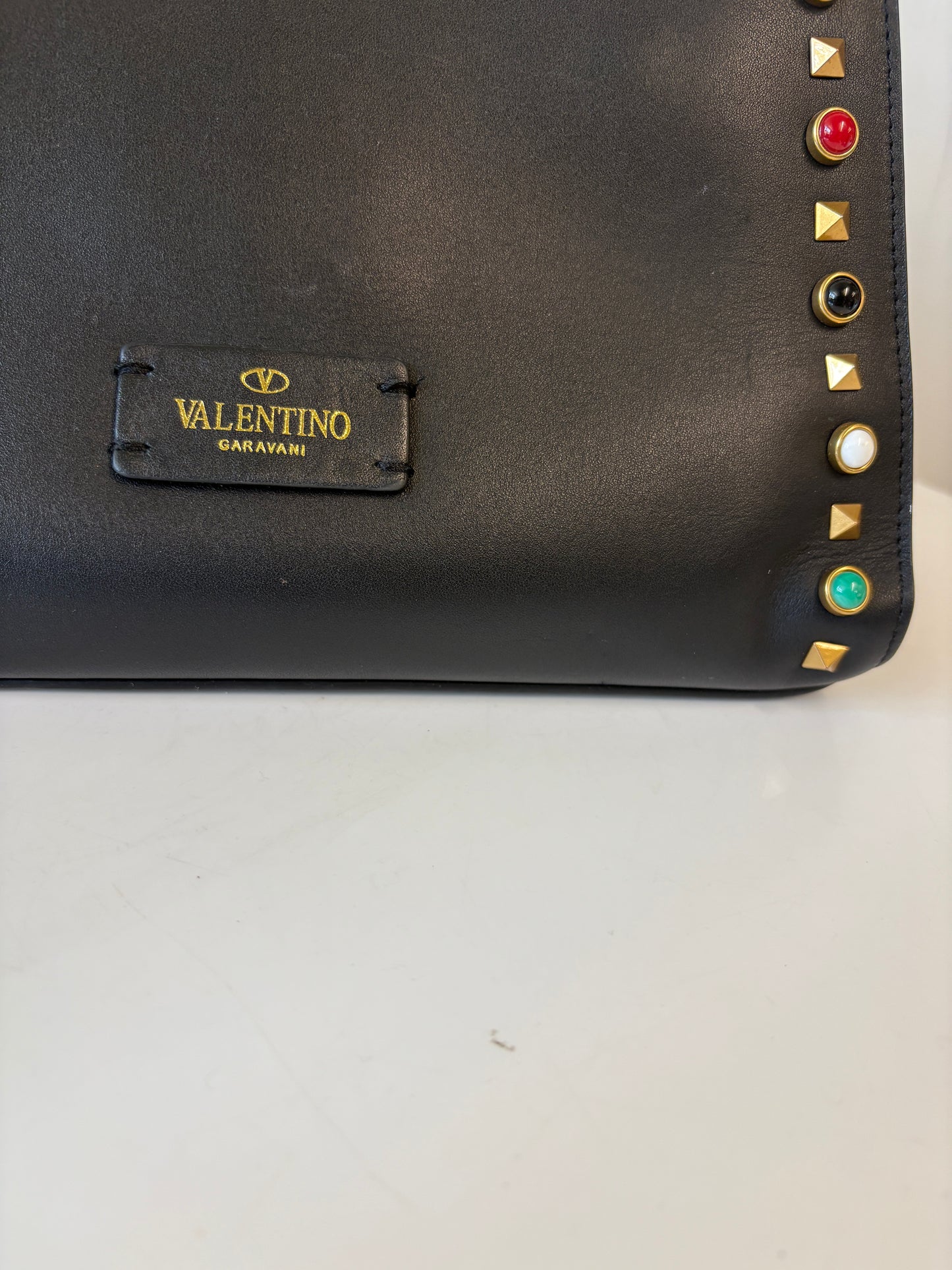 Valentino Rockstud Black Smooth Leather Handbag Multicoloured Stones