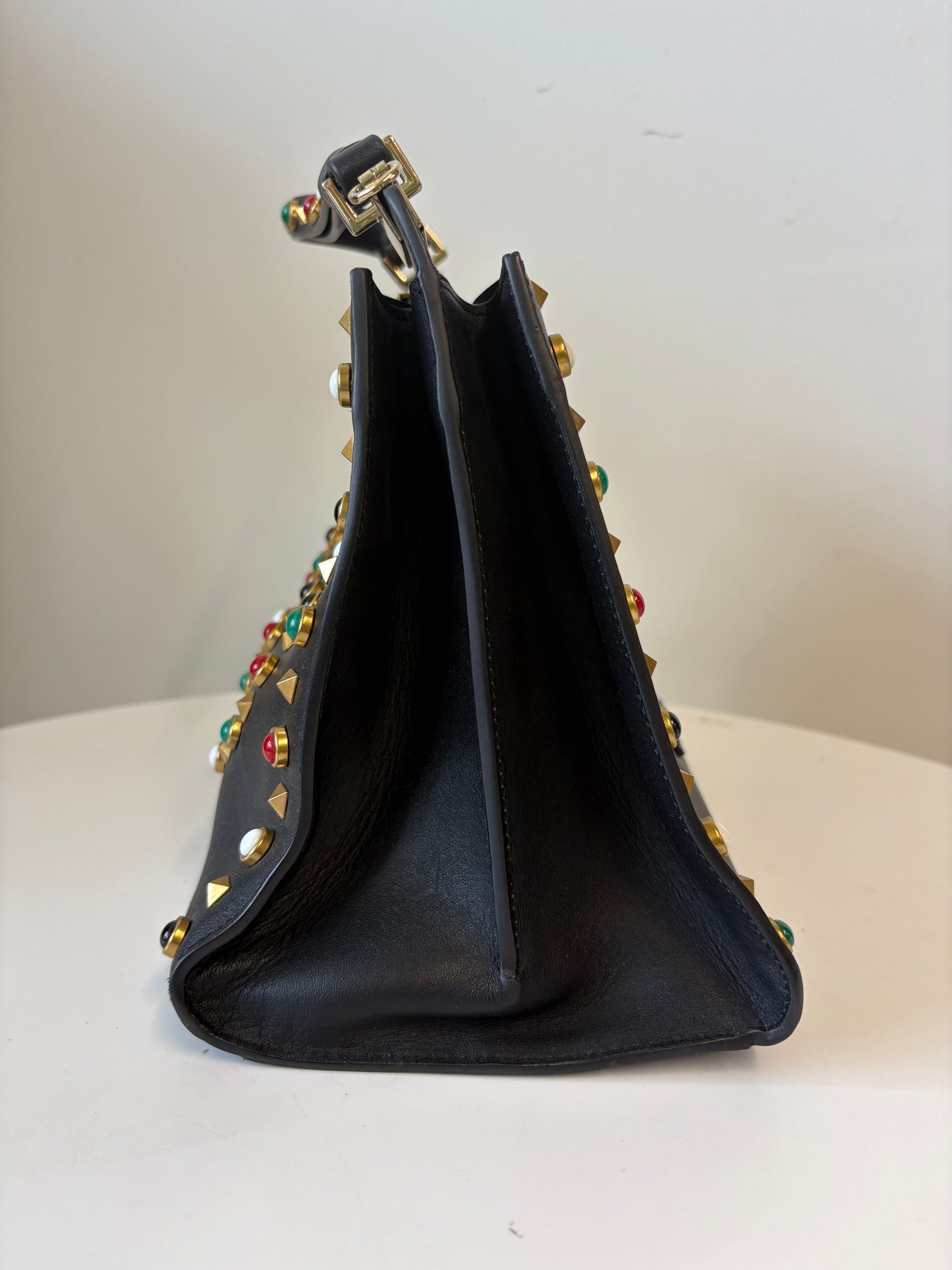 Valentino Rockstud Black Smooth Leather Handbag Multicoloured Stones