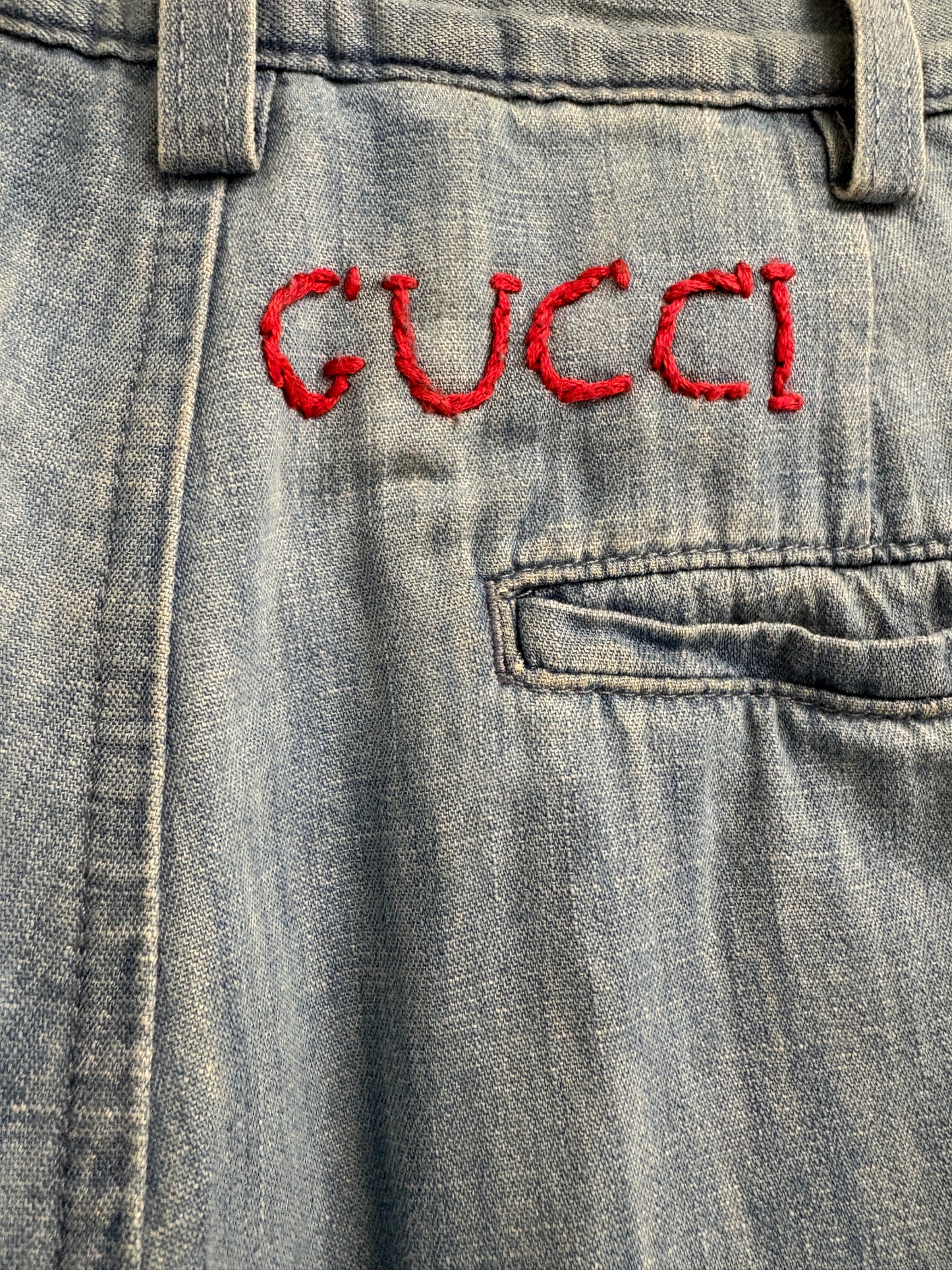 Gucci Crop Denim Jeans With Red Embroidered Logo