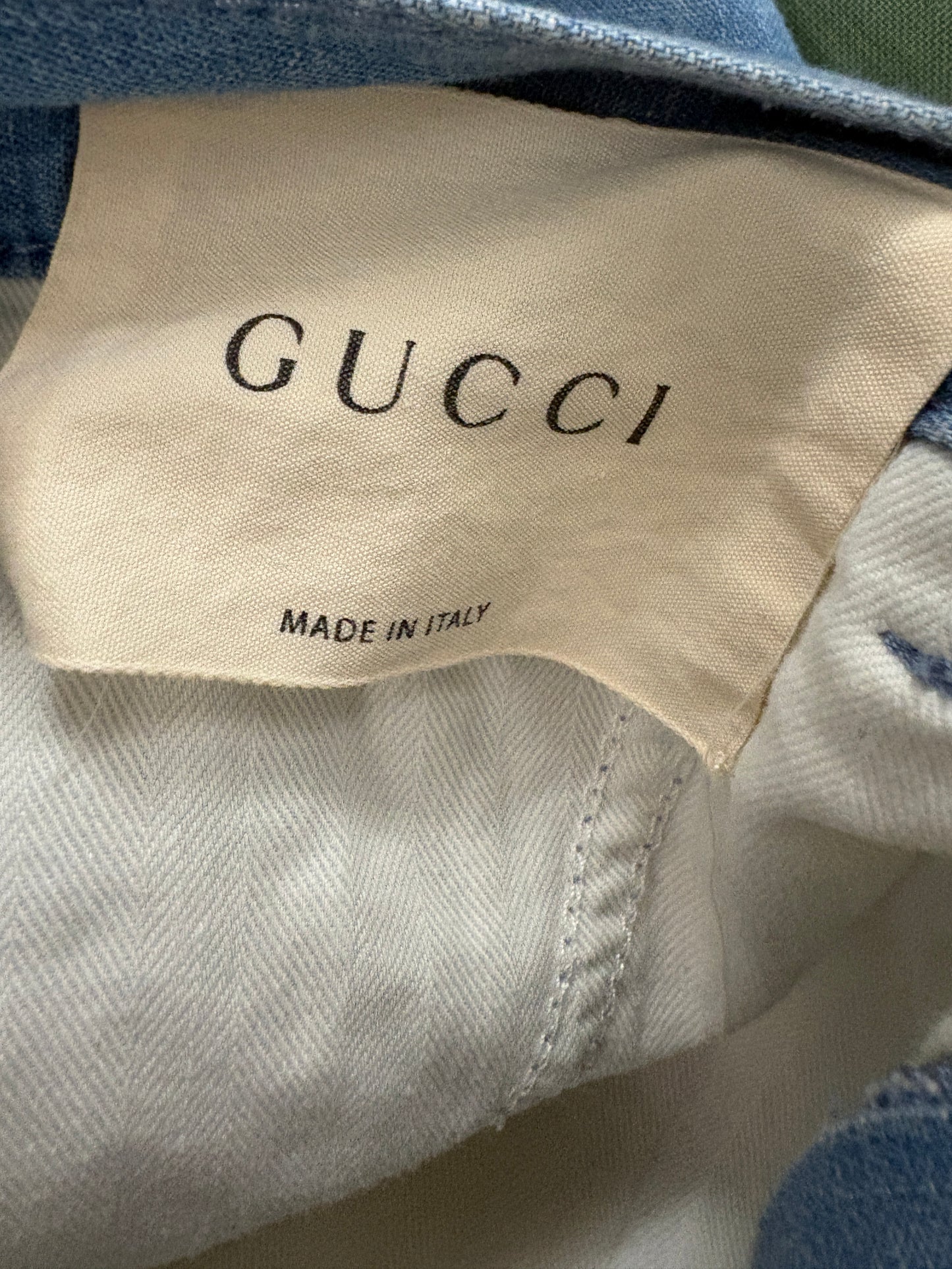 Gucci Crop Denim Jeans With Red Embroidered Logo