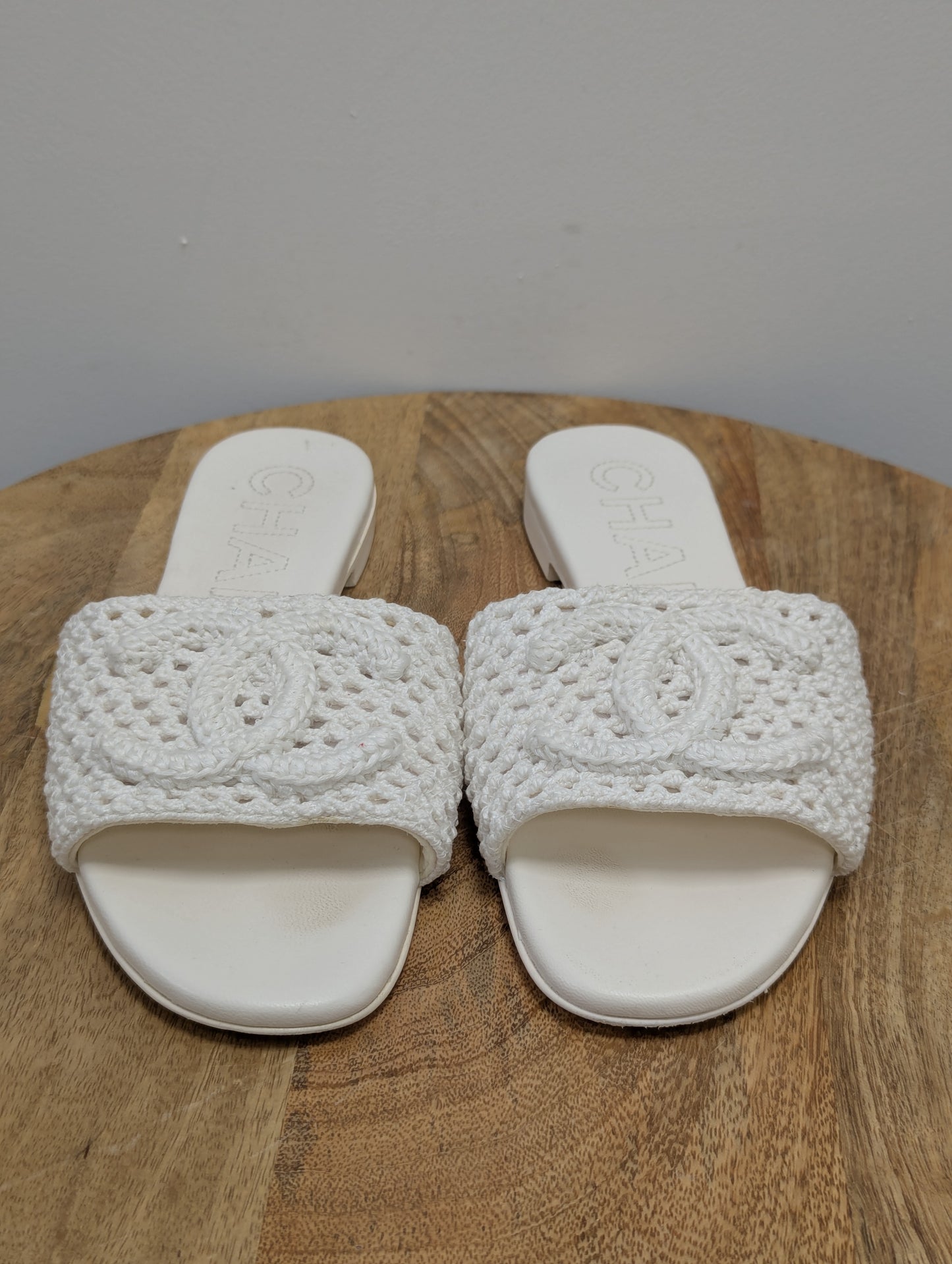 Chanel White Crochet Slides