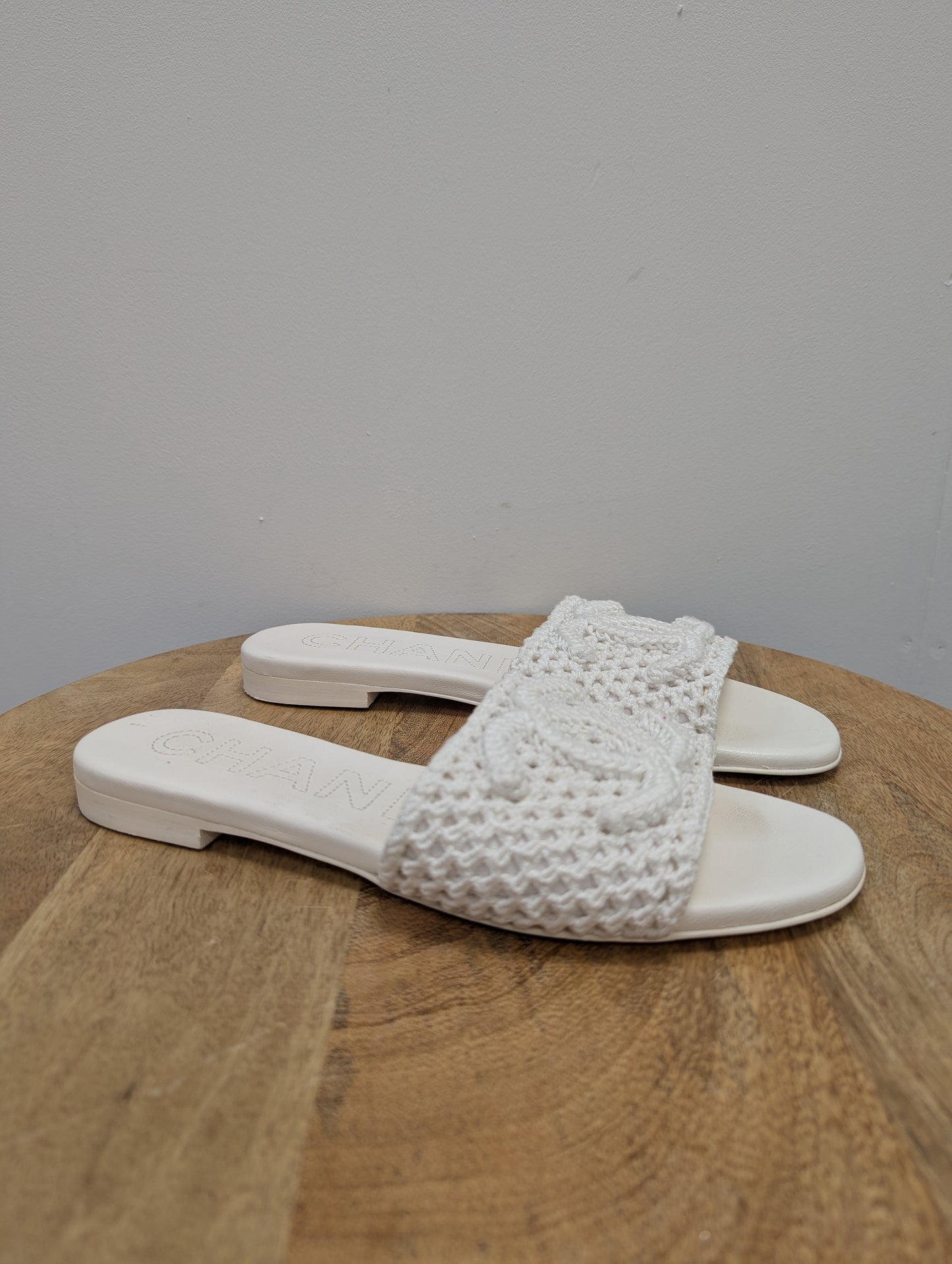 Chanel White Crochet Slides