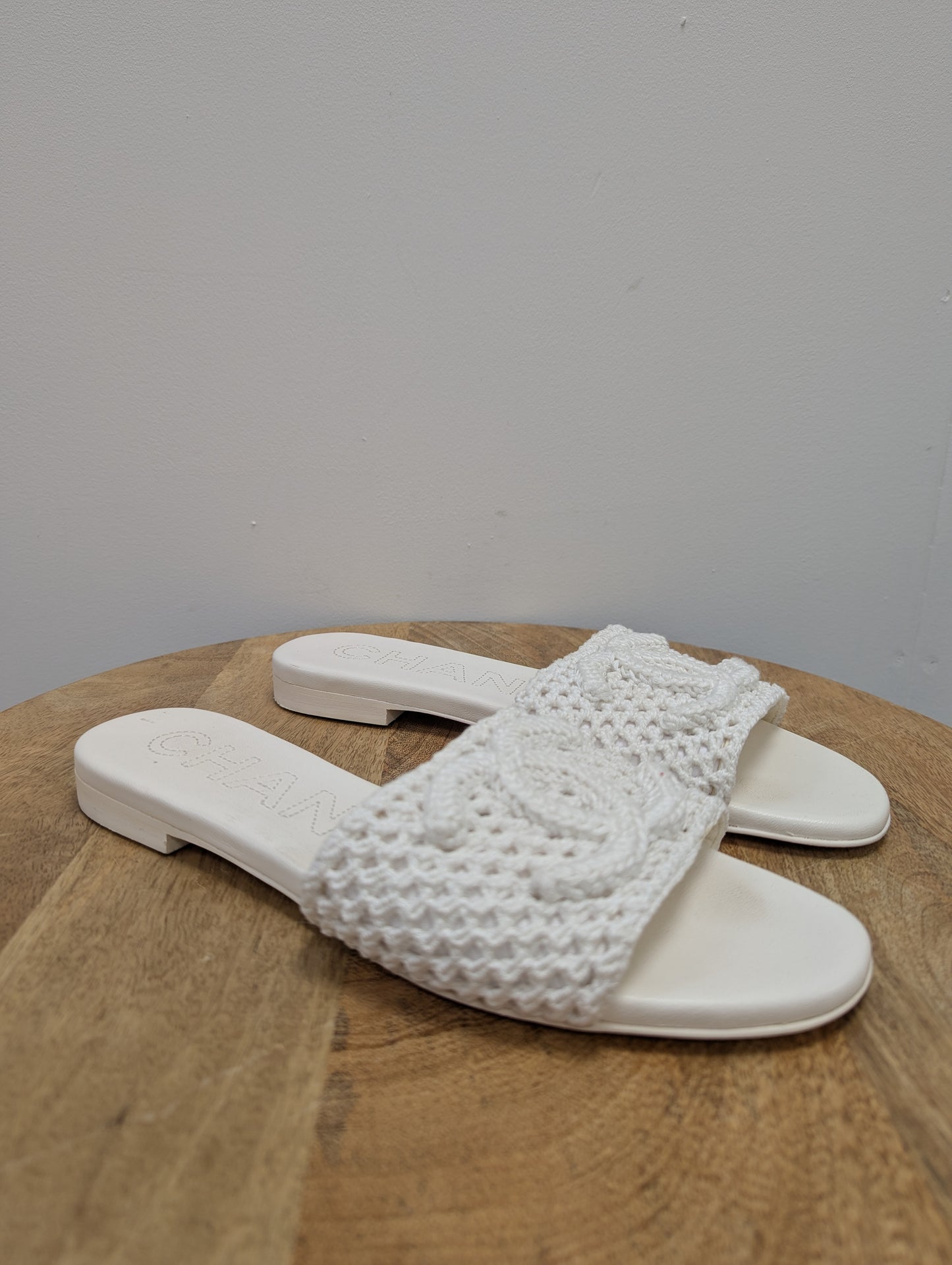 Chanel White Crochet Slides