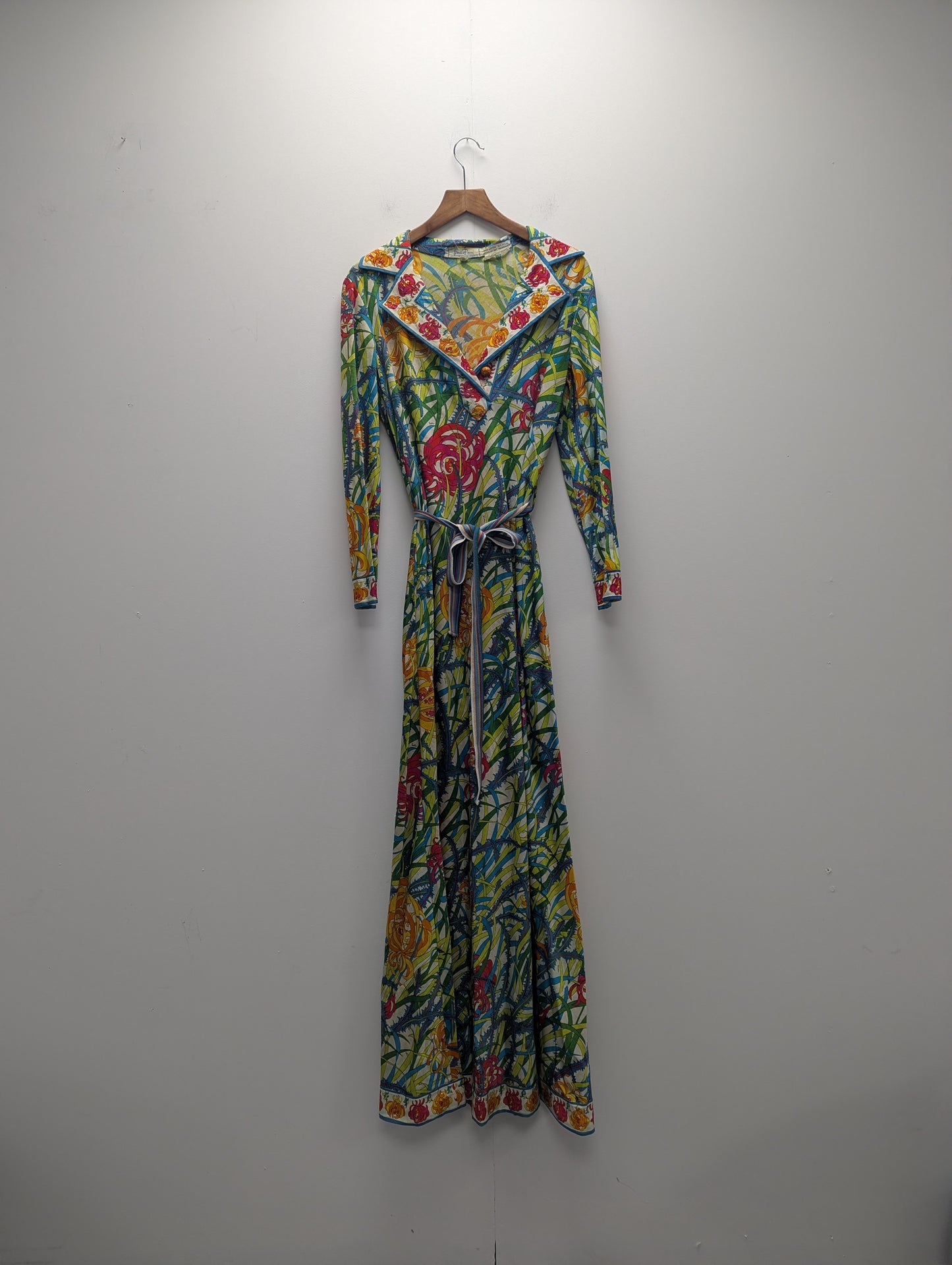 Emilio Pucci 1970's Cotton Blend Multicolour Belted Shirt Maxi Dress