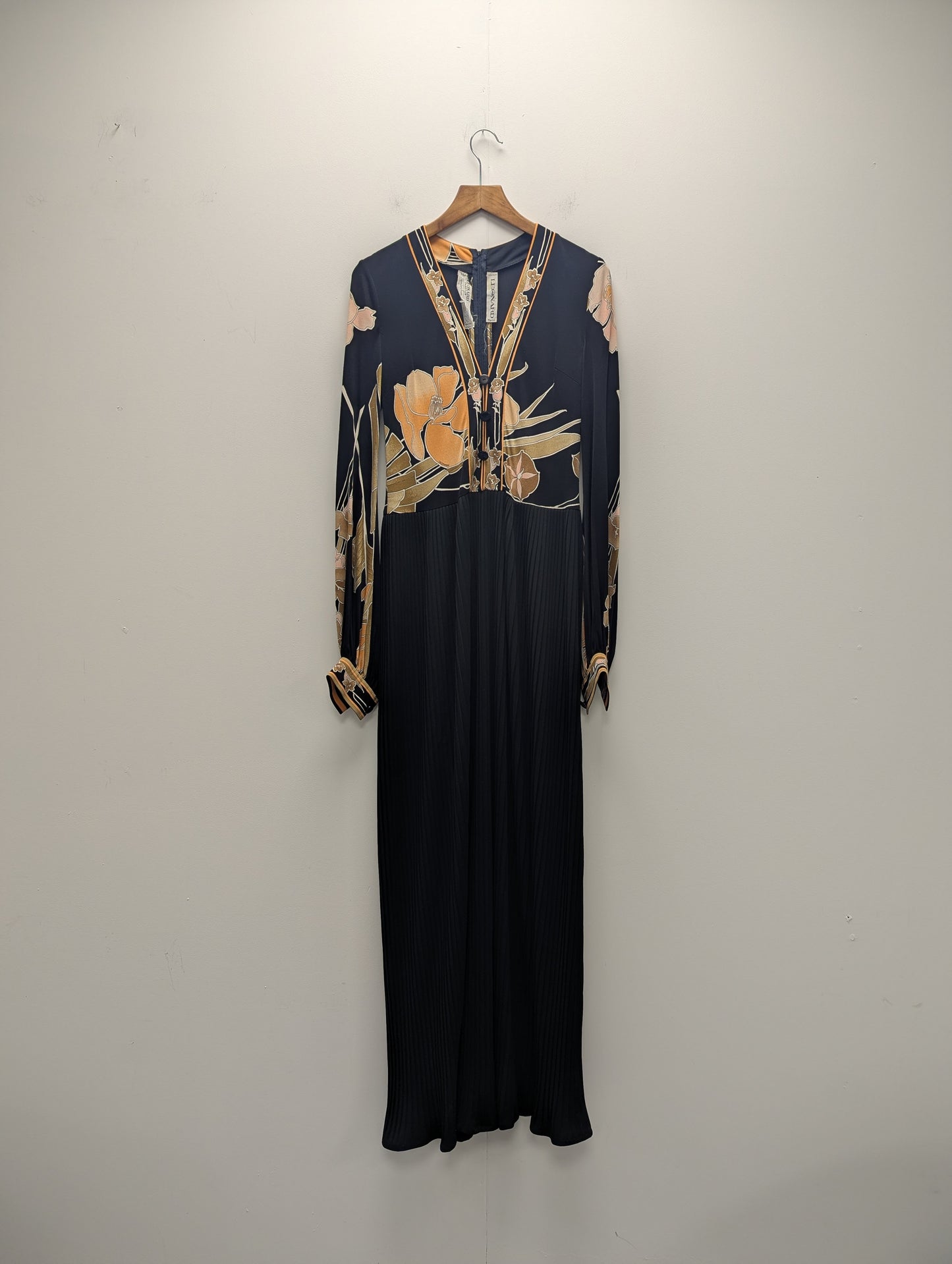Leonard Pleated Silk Maxi Dress With Orange Brown Floral Detail