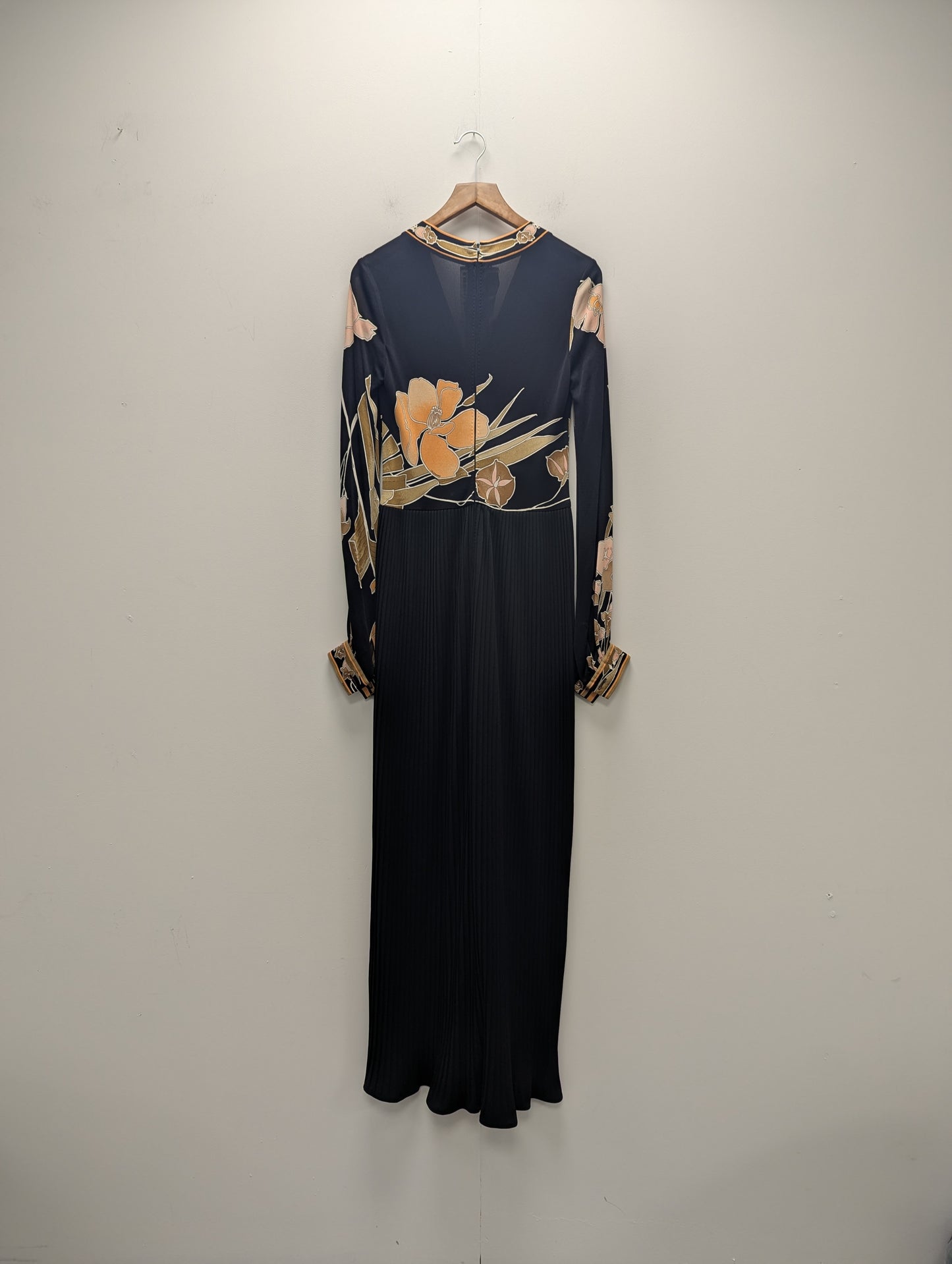 Leonard Pleated Silk Maxi Dress With Orange Brown Floral Detail