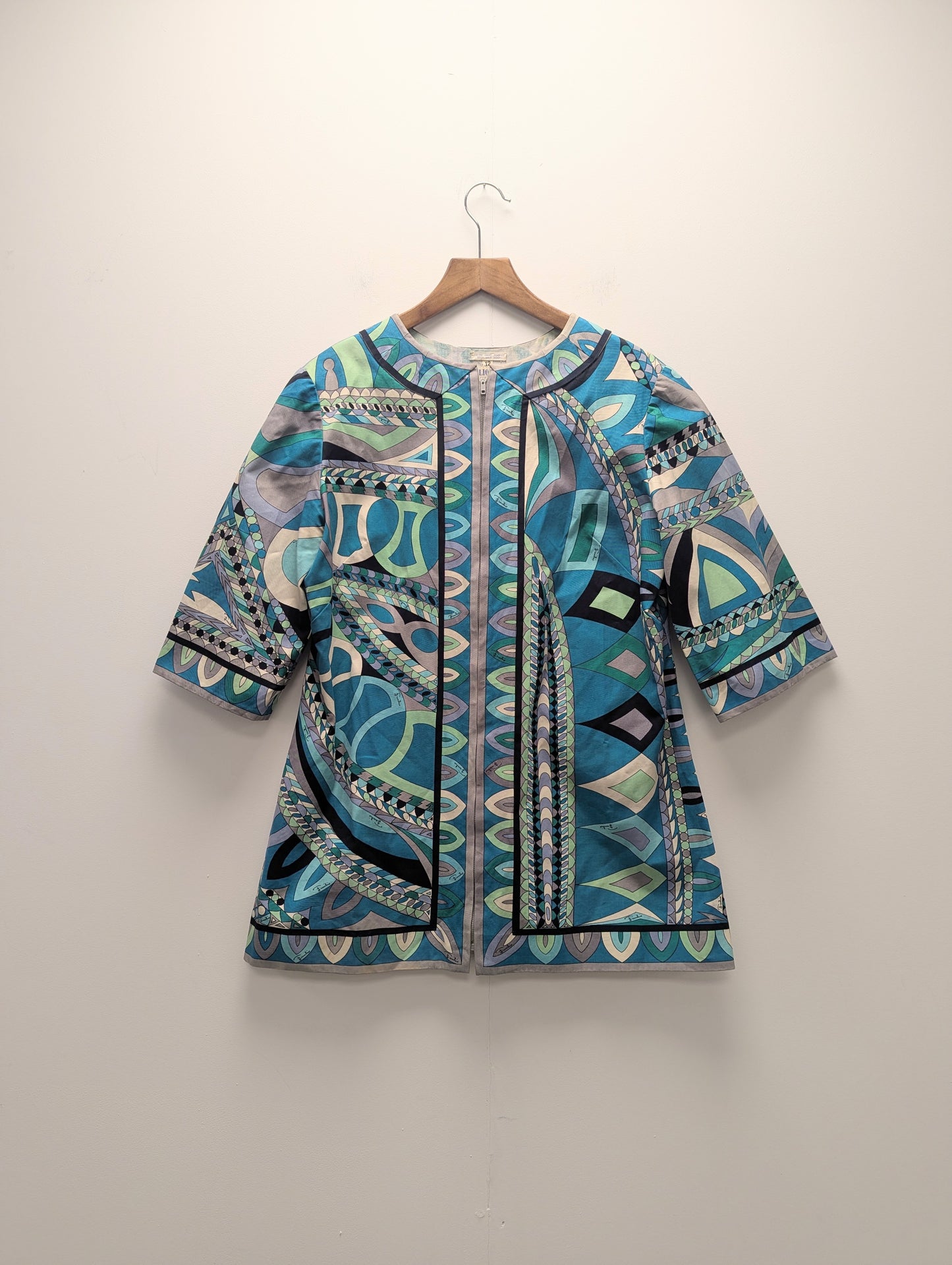 Emilio Pucci Early 1970's Cotton Blue Geometric Zip up Jacket/Dress