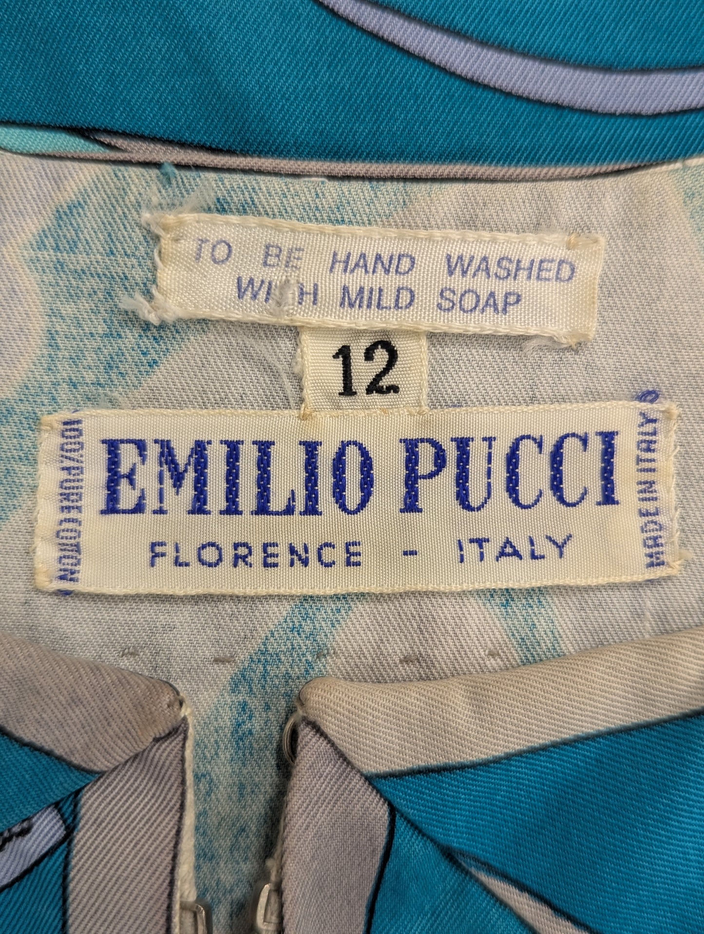 Emilio Pucci Early 1970's Cotton Blue Geometric Zip up Jacket/Dress