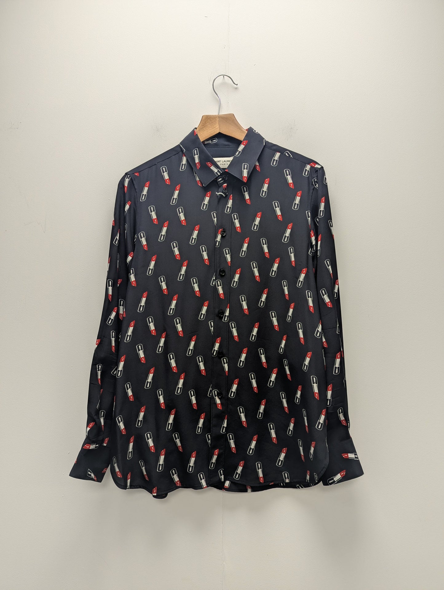 Saint Laurent AW15 Blue/Black Silk Lipstick Blouse