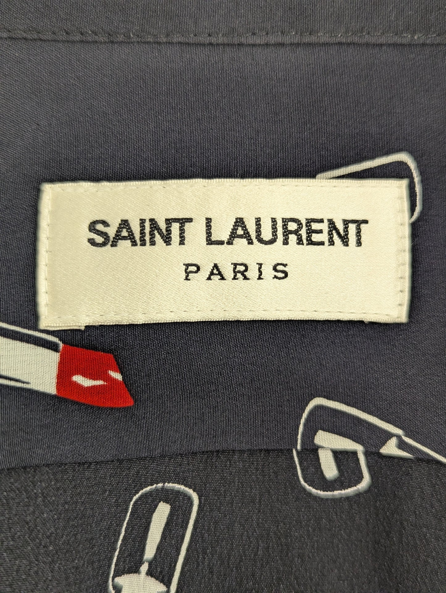 Saint Laurent AW15 Blue/Black Silk Lipstick Blouse