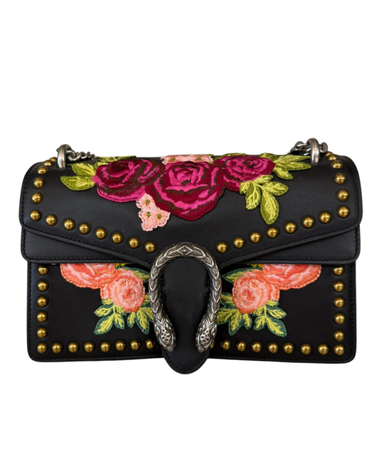 Gucci Black Leather "Blind For Love" Floral Patchwork Bag