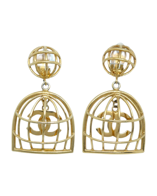 Chanel 1990-2000s CC Clip On Gold Birdcage Earrings