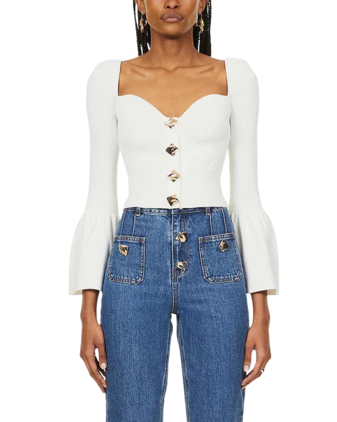 Self Portrait Cream Ribbed Crop Top With Gold Buttons