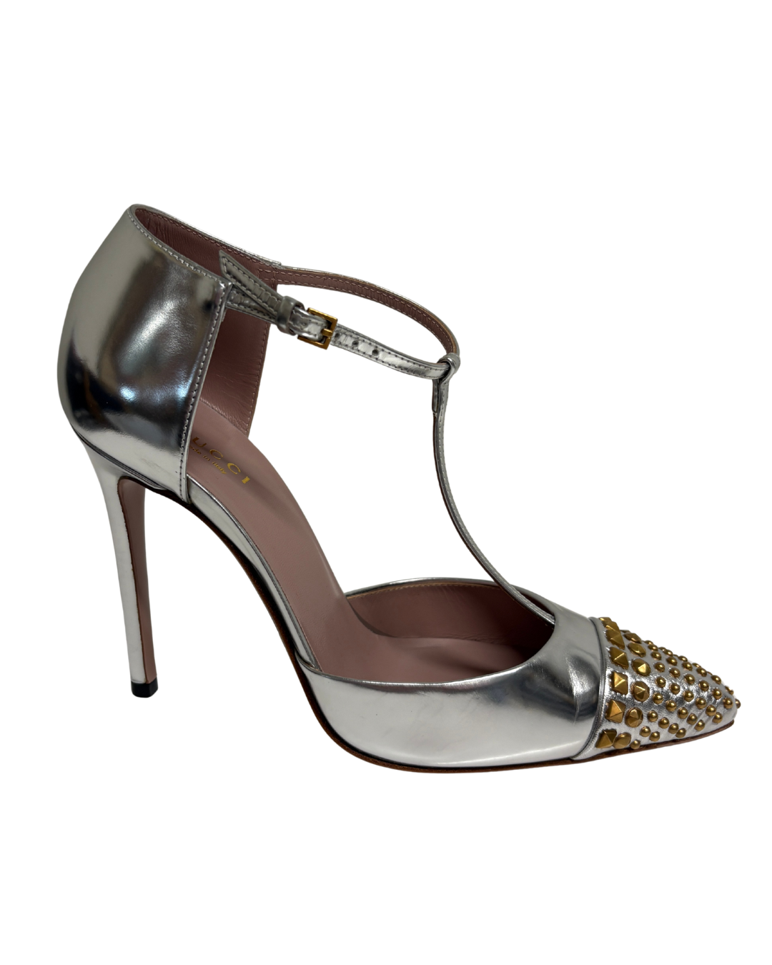 Gucci Metallic Silver Leather Studded T-Strap Pumps