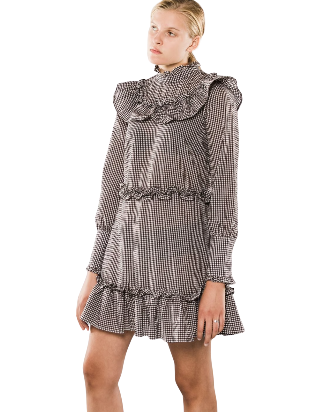 Ganni Charron Black And White Gingham Frill Dress