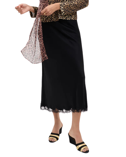 Rixo Black Stassie Satin Midi Skirt With Lace Trim