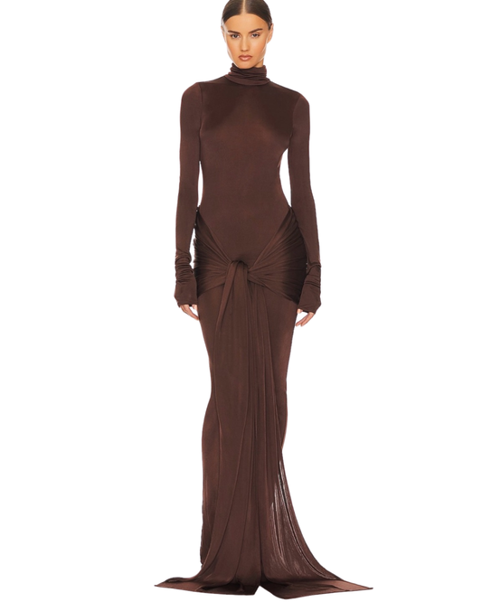 Helsa Brown Slinky Jersey Sarong Maxi Dress