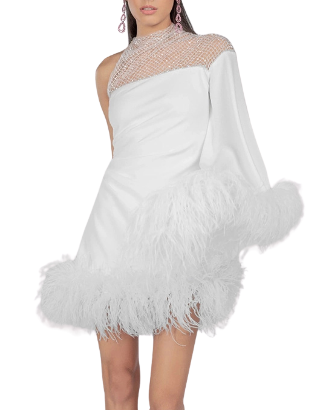 Monika Dimova Aurora White Asymmetric Draped Feather Dress