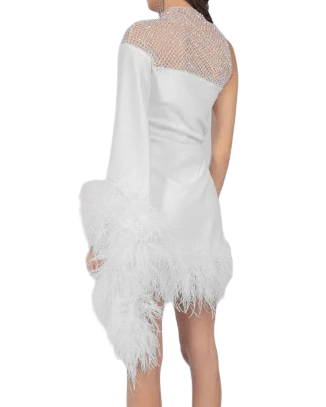 Monika Dimova Aurora White Asymmetric Draped Feather Dress
