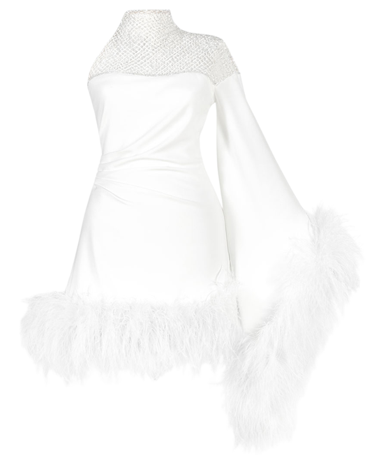 Monika Dimova Aurora White Asymmetric Draped Feather Dress