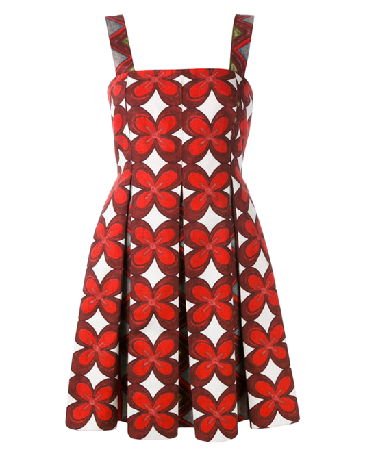 Valentino Red Cuban Flower Print Pleated Mini Dress