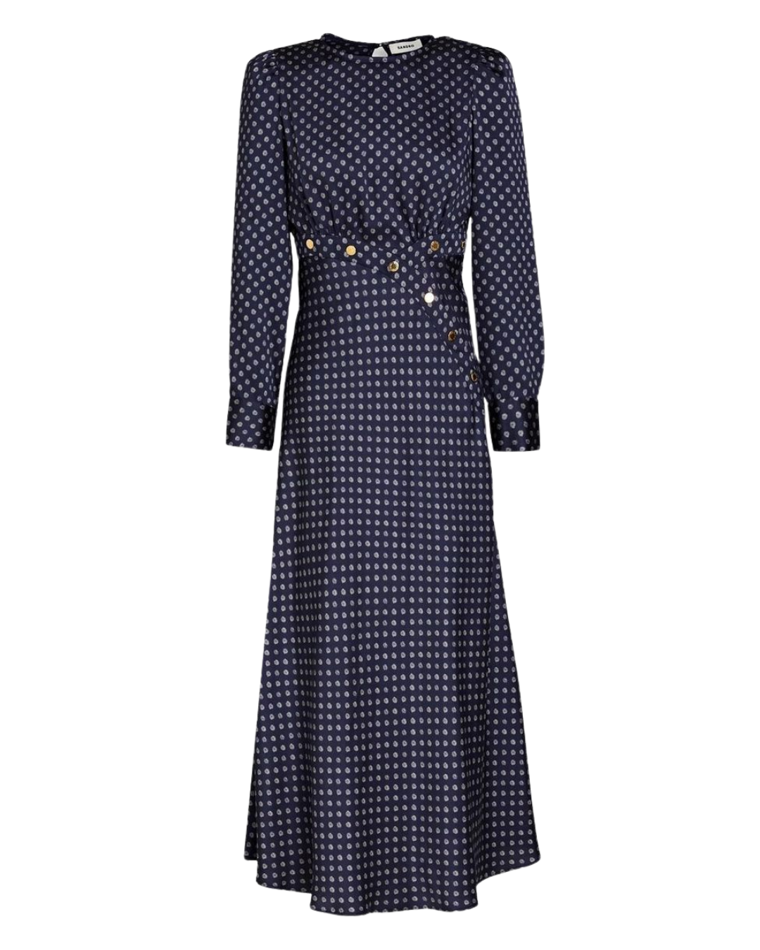 Sandro Navy Print Midi Long Sleeved Dress