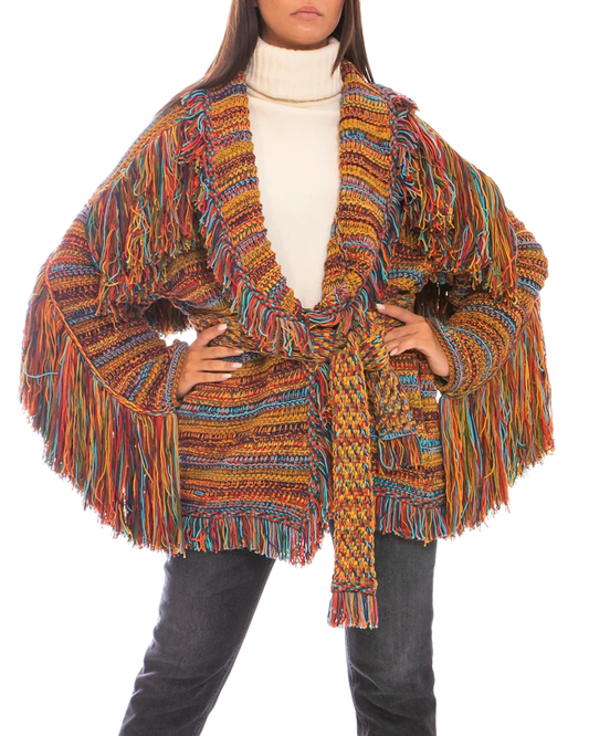 Alanui Fringed Belted Striped Cotton Blend Cardigan