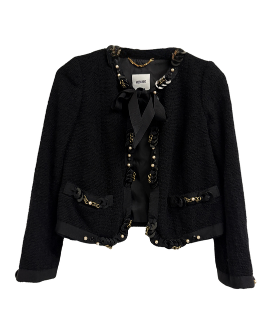 Moschino Black Chain And Pearl Embellished Short Wool Jacket
