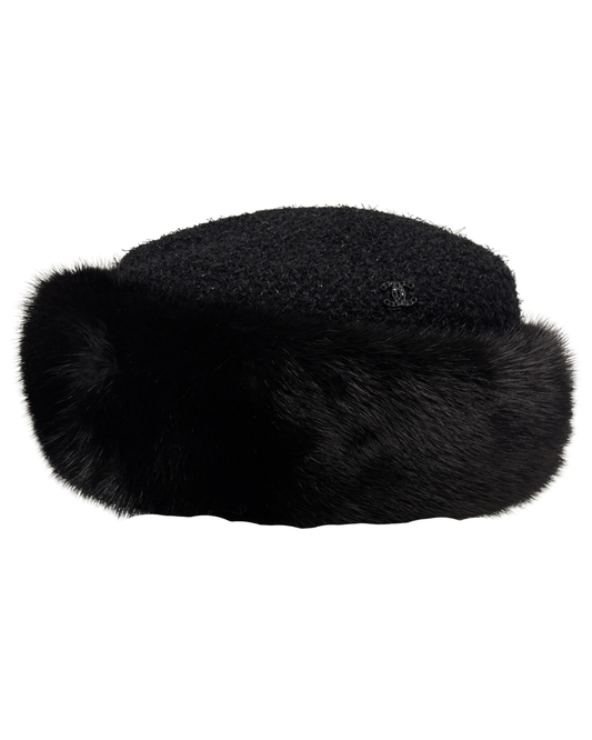 Chanel Mink Trim Black Tweed Hat