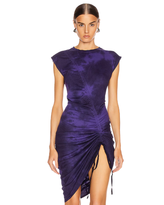 Raquel Allegra Purple Gathered Tie Midi Dress