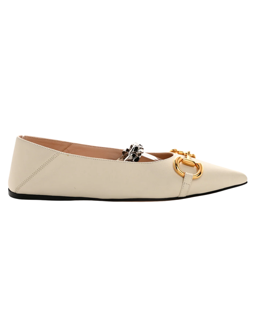 Gucci Cream Deva Horsebit and Chain Leather Flat Pumps