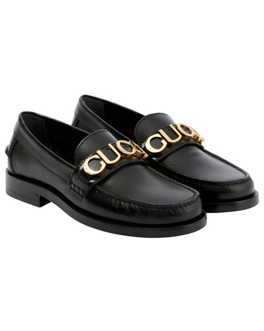 Gucci Black Loafers With Gold Tone Logo