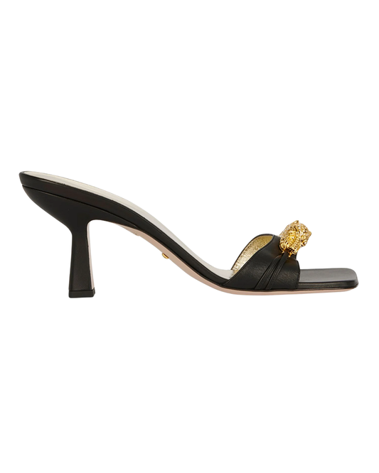 Gucci Dora Tiger Head Mid Heel Slide Sandal In Black