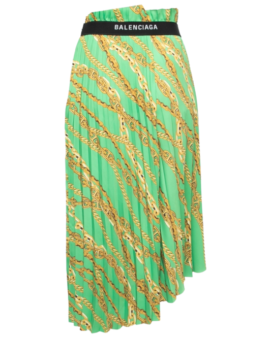Balenciaga Green Chain Print Pleated Midi Skirt