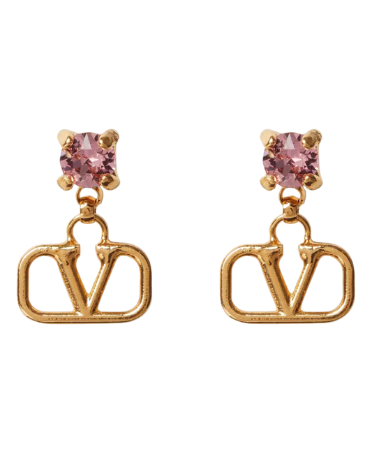 Valentino Gold Logo Drop Stud Earrings With Pink Crystal