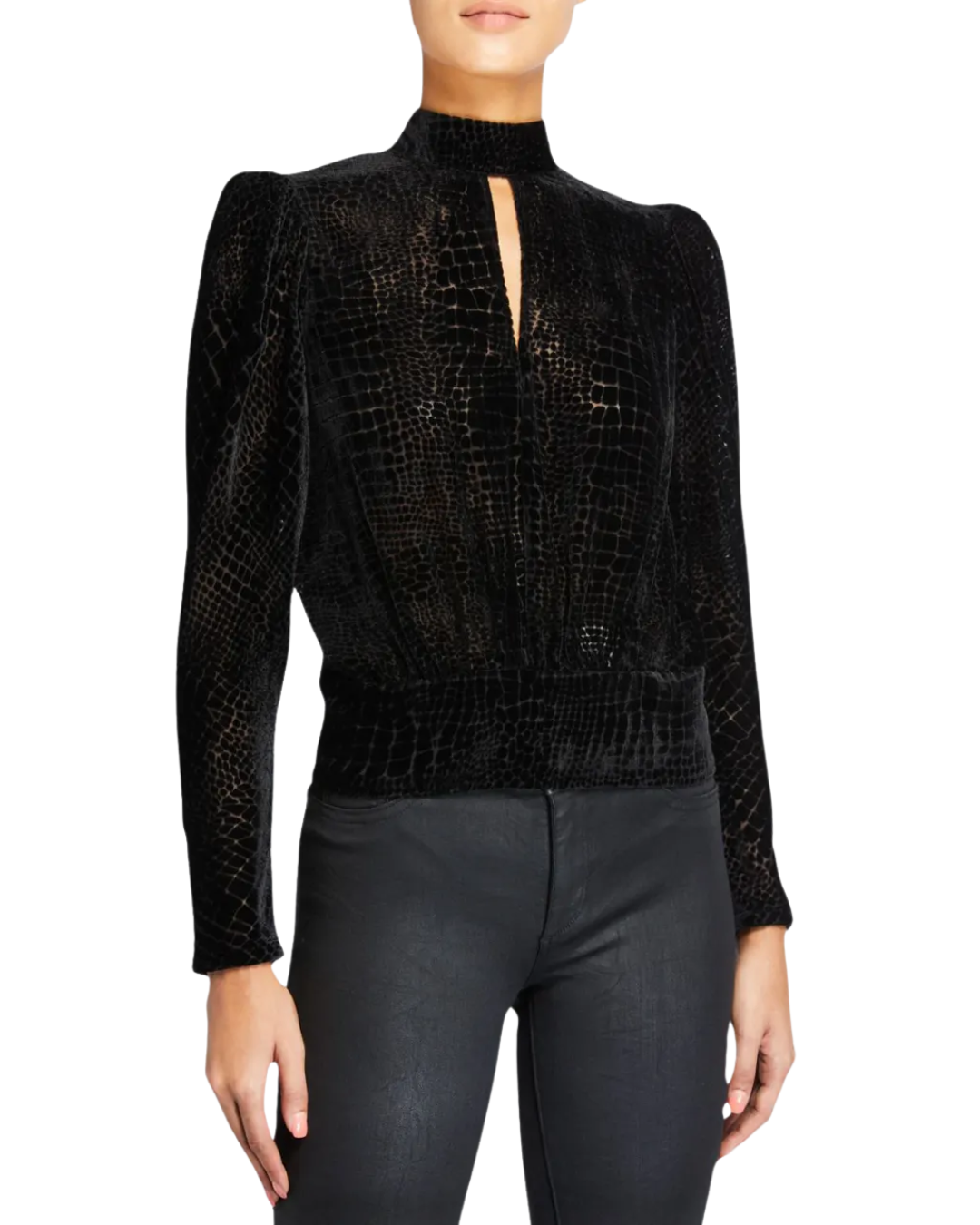 Frame Black Velvet Croc Print Long Sleeve Top
