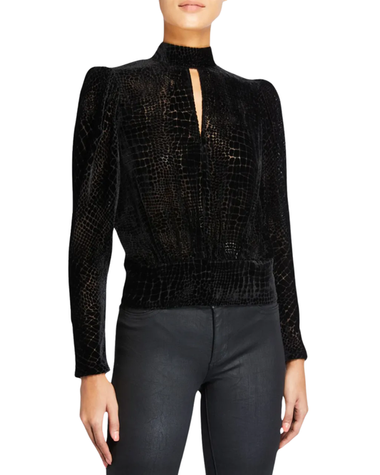 Frame Black Velvet Croc Print Long Sleeve Top