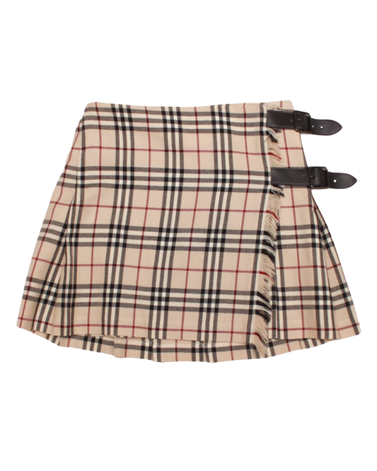 Burberry Beige Pleated Check Wool Mini Kilt Skirt