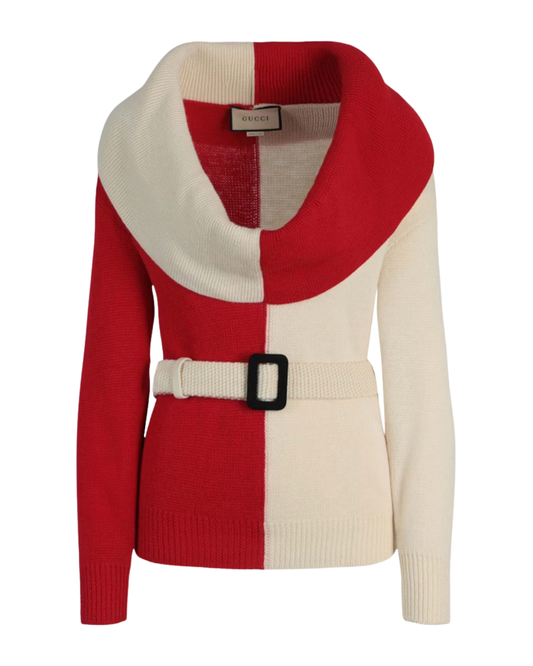 Gucci Red And Cream Two Tone Wool Wide Neck Knit Sweater