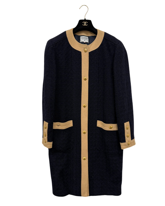 Chanel Navy Wool Long Jacket With Tan Trim