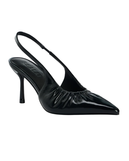 Realm Black Leather Cascade Slingback Heels