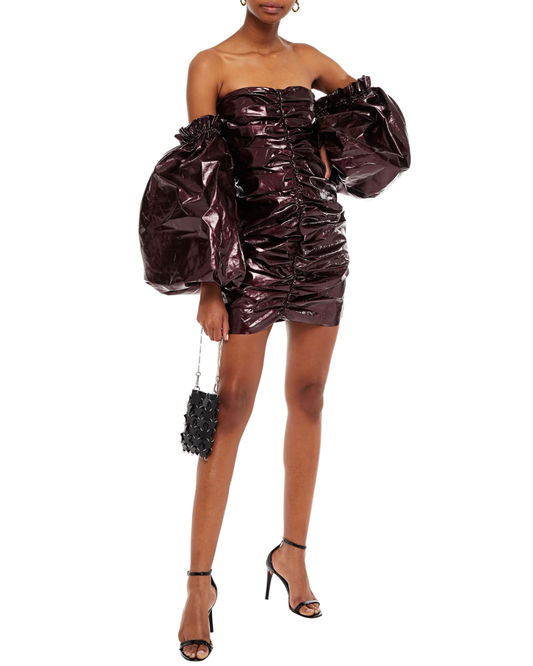 Rotate Phoebe Off Shoulder Ruched Vinyl Mini Dress